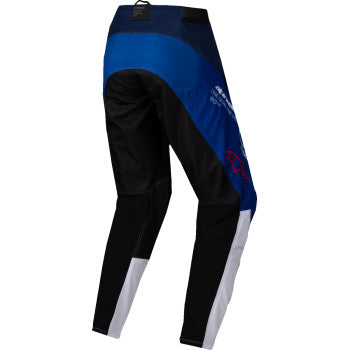 Alpinestars Pro-Dura motorcycle pants in navy, bright blue, and white with reinforced panels and adjustable straps.