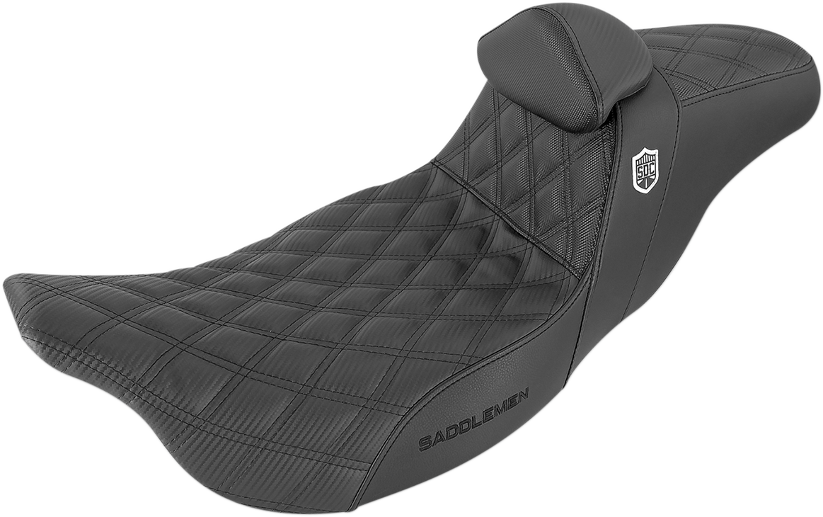 Bill's Exhausts SADDLEMEN Pro Series SDC performance seat with backrest, black leather, lattice stitch, lumbar gripper for motorcycles.
