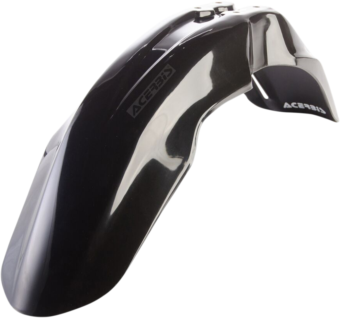 Black Acerbis front fender for motorcycle, body part with a sleek design, shown in the image with mounting details.