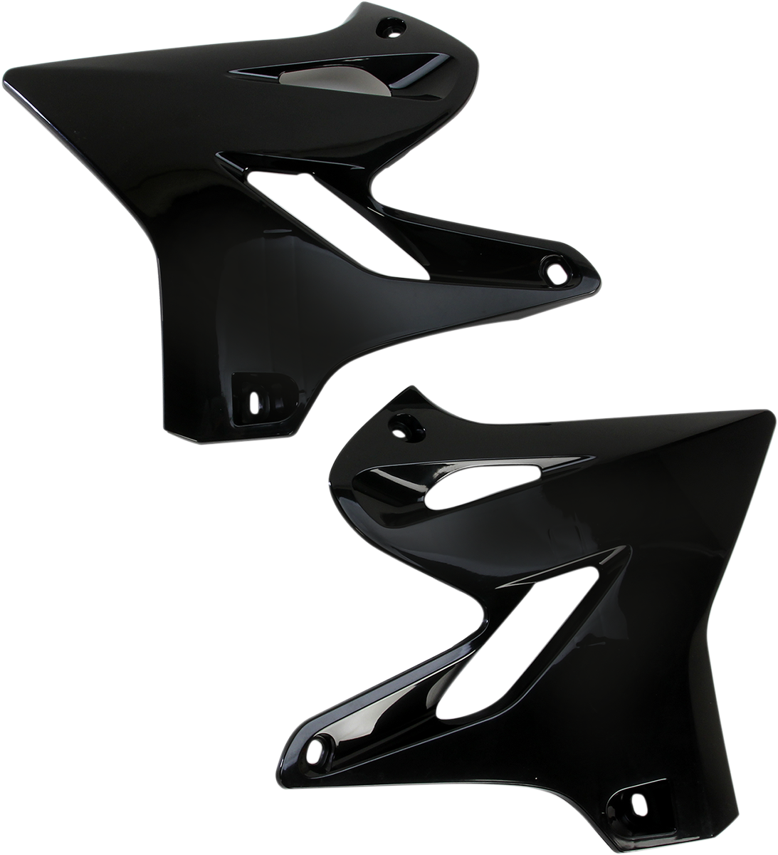 Acerbis black radiator shrouds, motorcycle body parts, detailed view showing sleek black finish and mounting points