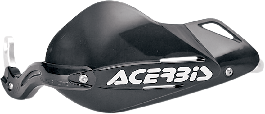 Acerbis X-Strong Supermoto handguards in black mounted on motorcycle handlebars, designed for protection and style.