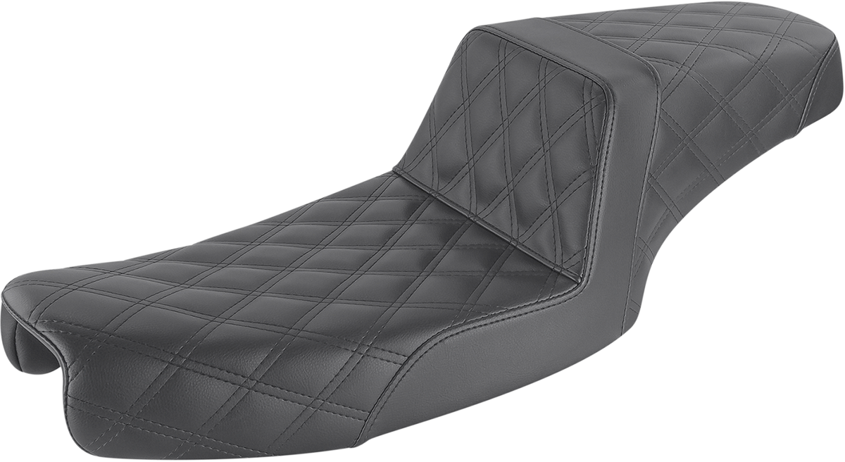 Black SADDLEMEN Step-Up Seat with full lattice stitch for Dyna motorcycles, showcasing detailed stitching and durable construction.