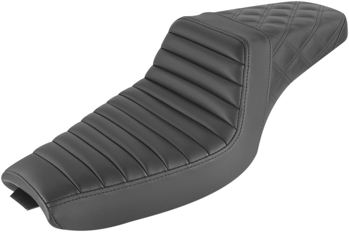 Bill's Exhausts SADDLEMEN Step-Up Seat in black with tuck-n-roll front and lattice stitch rear, designed for motorcycle comfort and style.