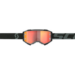 Scott Fury motorcycle goggle in black with orange accents, featuring a durable engine-inspired design and adjustable strap.