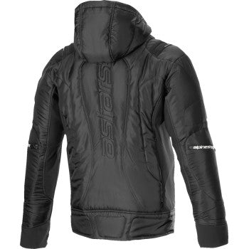 Black Alpinestars Mohobbs WP Jacket in medium size, shown on a hanger with visible waterproof fabric and branding details