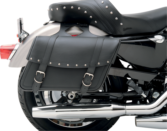 Saddlemens Highwayman Rivet Slant-Style Saddlebags on a motorcycle, featuring medium size and rivet details for a rugged look.