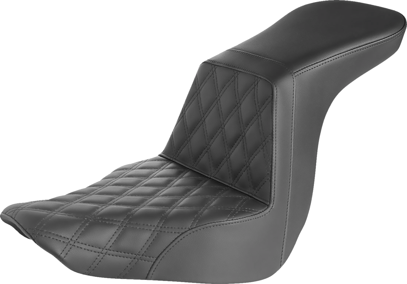 Black SADDLEMEN Step-Up Seat with front lattice stitch detail, designed for motorcycle seating by Bill's Exhausts.