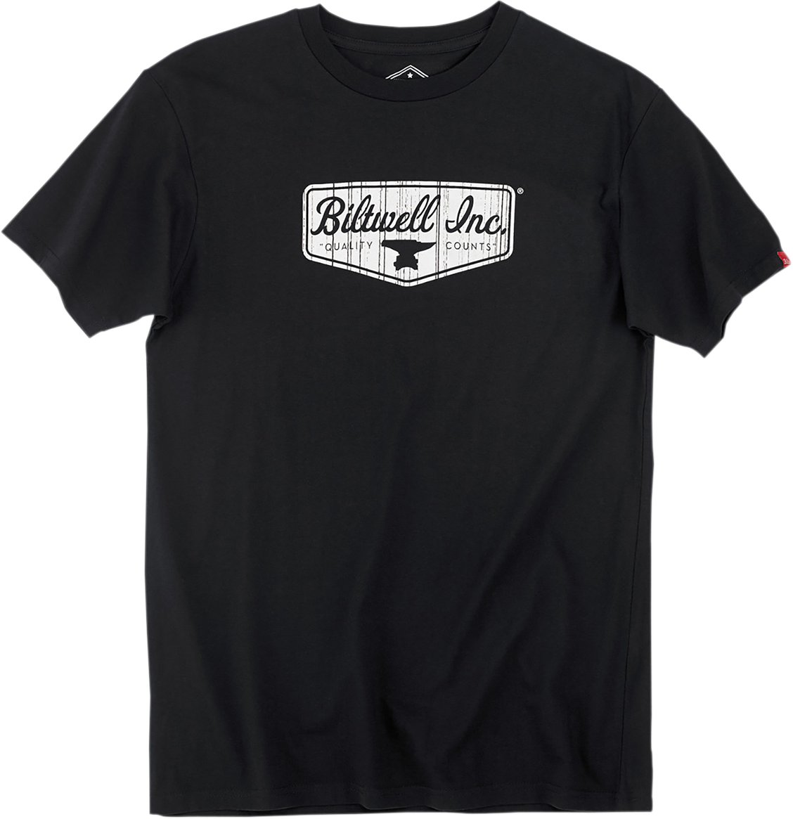 Black BILTWELL Shield T-Shirt in Small, casual crewneck with graphic design, made by Bill's Exhausts.