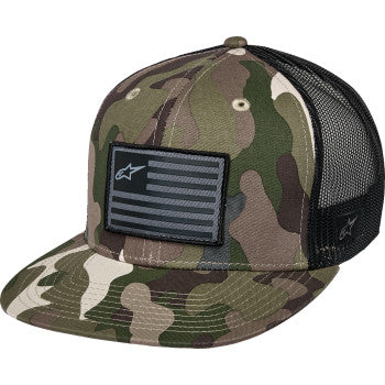 Alpinestars flag flat trucker hat in camo green and black with adjustable snapback, featuring the brand logo on the front.
