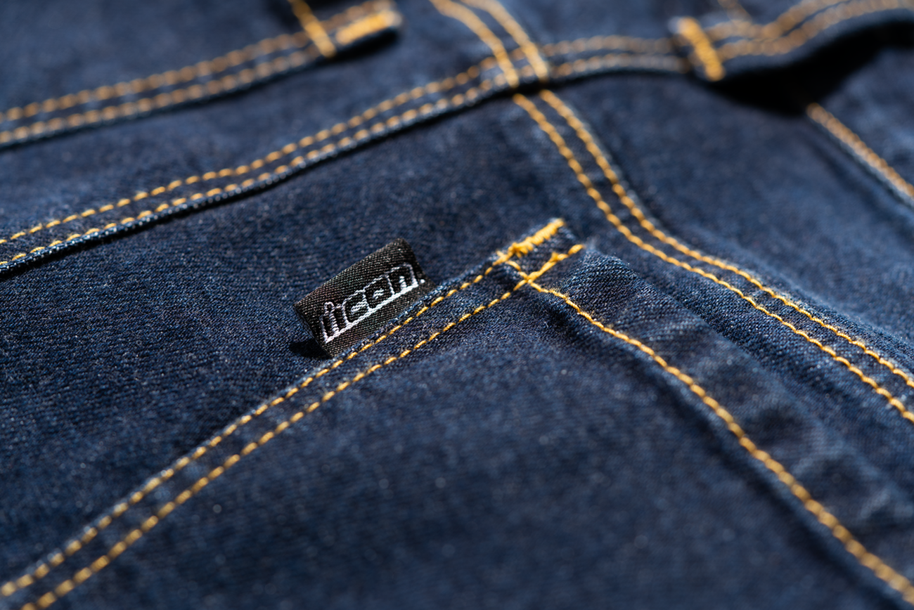 Bill's Exhausts ICON Uparmor™ Blue Jean, size 34, showing classic denim fabric and stylish fit with detailed stitching.