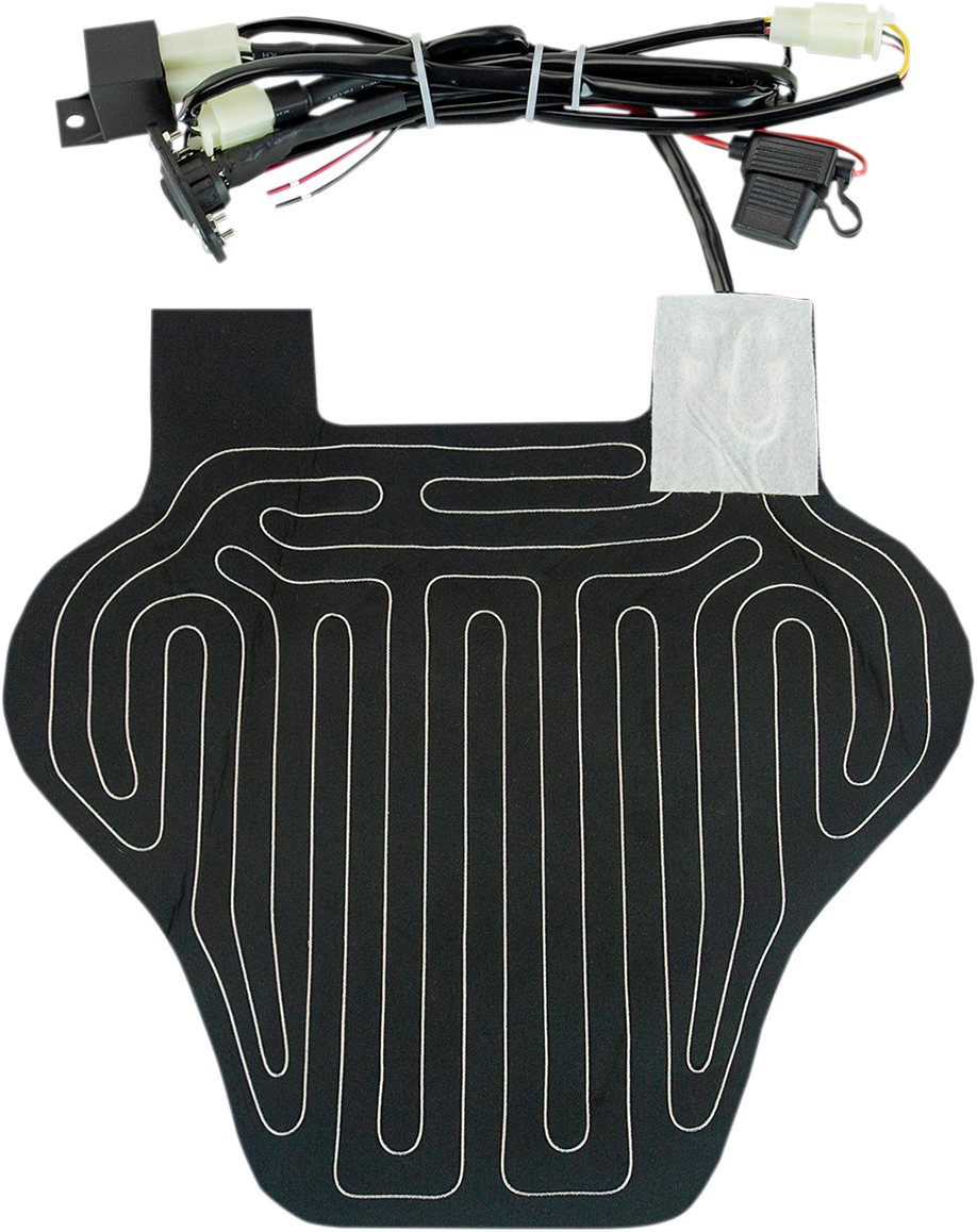 Large Saddlemens seat heater for motorcycle seats, showing the heating element and control switch in a close-up view.