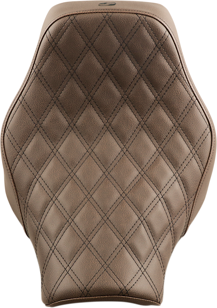 Bill's Exhausts SADDLEMEN Renegade Solo Seat in brown with lattice stitching for FLST motorcycles, stylish and comfortable motorcycle seat.