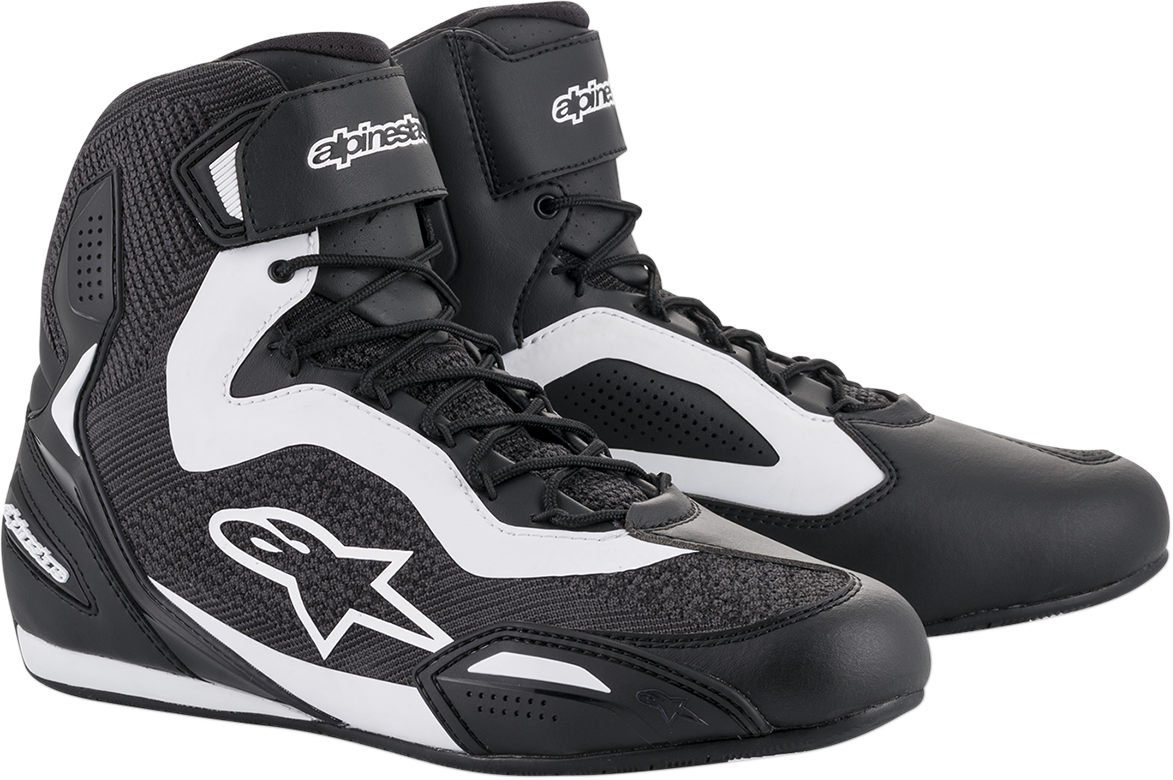 Alpinestars Faster-3 Rideknit® Shoes in black and white, US size 7, featuring sleek design and breathable material.