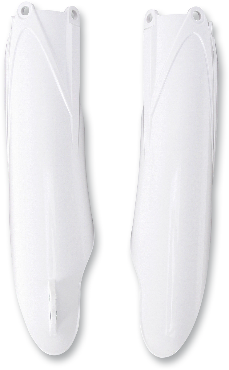 White Acerbis lower fork covers for motorcycles, designed to protect and enhance the front suspension area.