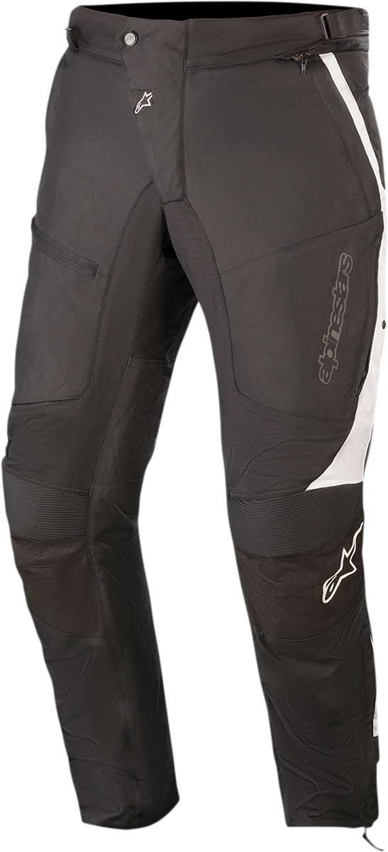 Alpinestars Raider v2 Drystar® motorcycle pants in black and white, 2XL, featuring protective knee and hip padding.