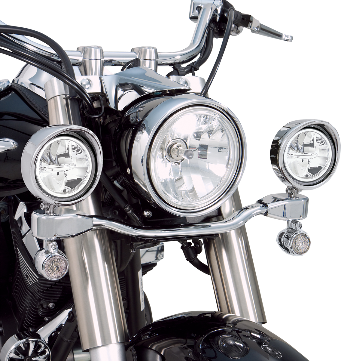Bill's Exhausts SHOW Chrome LED Driving Light Kit for V-Star 950 motorcycle engine, featuring chrome finish and bright LED lights.