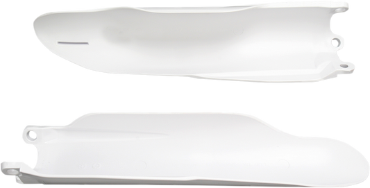 A set of white Acerbis lower fork covers for motorcycle suspension, designed to protect and enhance the bike's front forks.