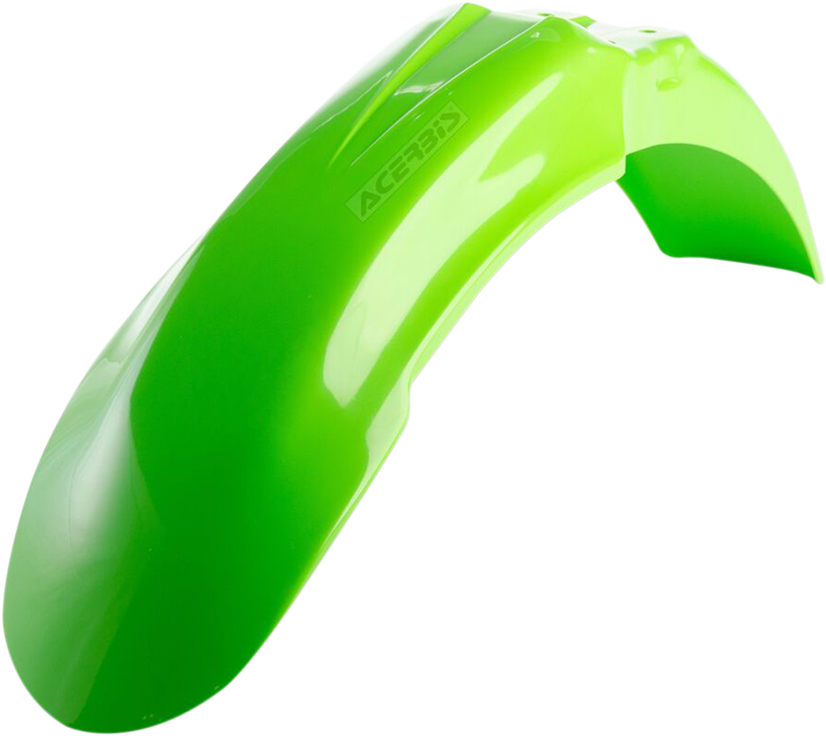 Green Acerbis front fender for motorcycle, body style, designed for off-road or dirt bikes, with mounting points visible.