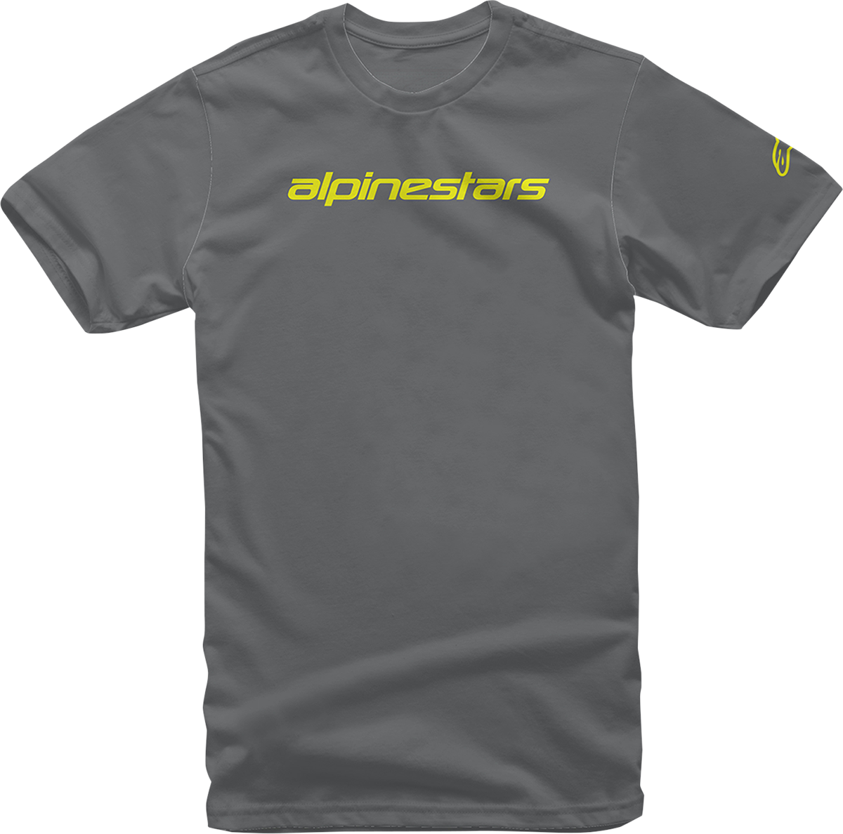 Alpinestars Linear Wordmark T-Shirt in charcoal and fluorescent yellow, medium size, with bold logo and modern design.