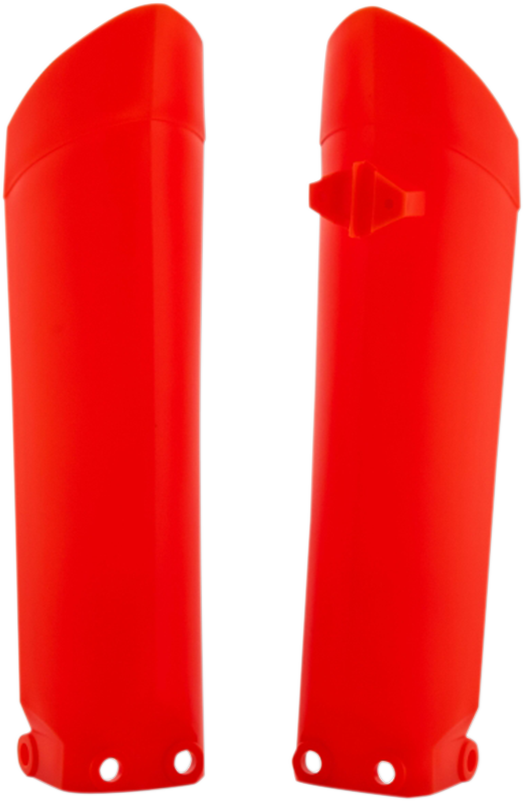 Acerbis fluorescent orange lower fork covers for inverted motorcycle forks, designed for durable body protection.