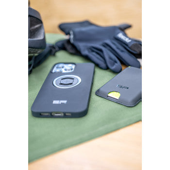 Bill's Exhausts SP CONNECT Phone Card Wallet device mount attached to a motorcycle handlebar, holding a smartphone and card wallet.