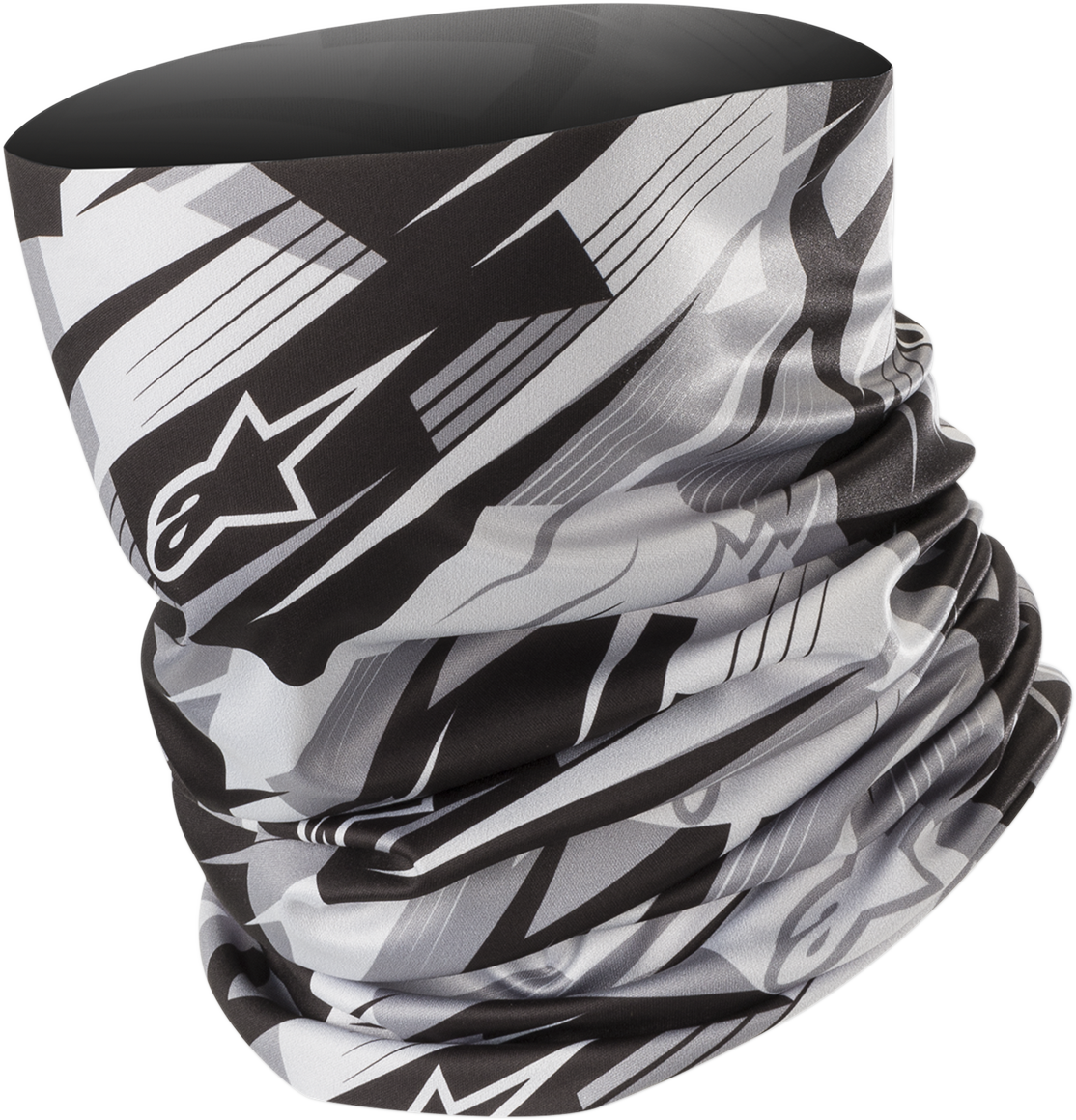 Black and light gray Alpinestars neck tube in a blurred design, featuring soft fabric and seamless construction.