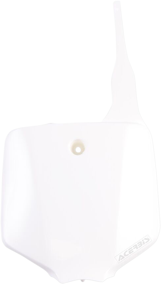 White ACERBIS front number plate for motorcycles, designed for durability and clear visibility, with a sleek body style.