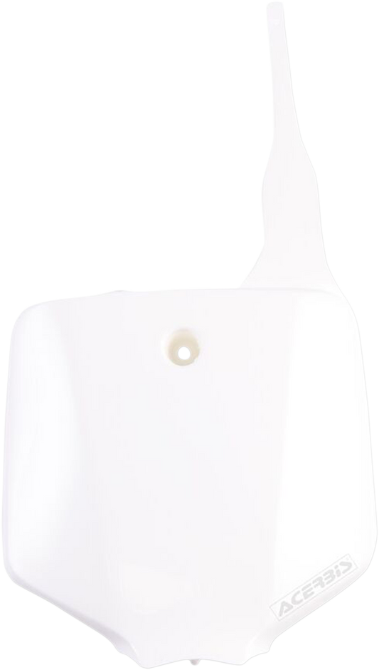 White ACERBIS front number plate for motorcycles, designed for durability and clear visibility, with a sleek body style.