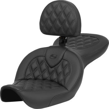 SADDLEMEN Roadsofa™ motorcycle seat with backrest, lattice stitch design for FXDWG 1996-2023, by Bill's Exhausts