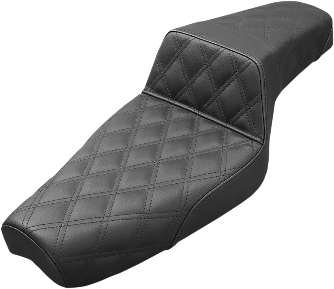 Black SADDLEMEN Step-Up Seat with full lattice stitch for XL motorcycles, designed for comfort and style.