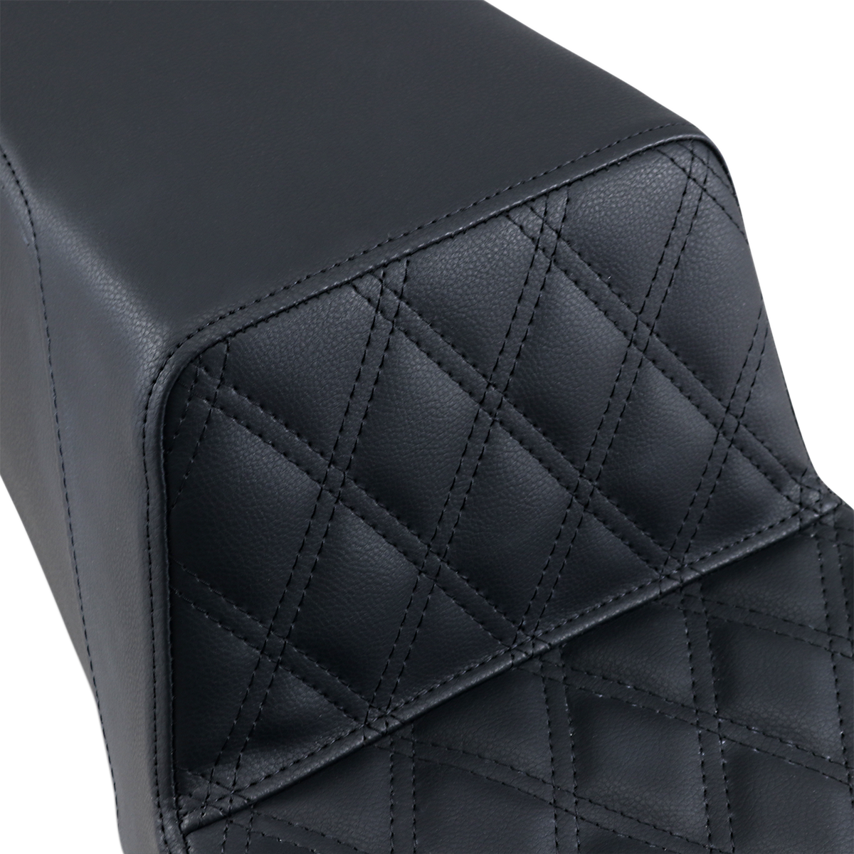 Black Saddlemens Step-Up Seat with front lattice stitch for motorcycles, featuring durable construction and detailed stitching.