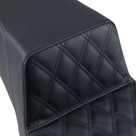 Black Saddlemens Step-Up Seat with front lattice stitch for motorcycles, featuring durable construction and detailed stitching.