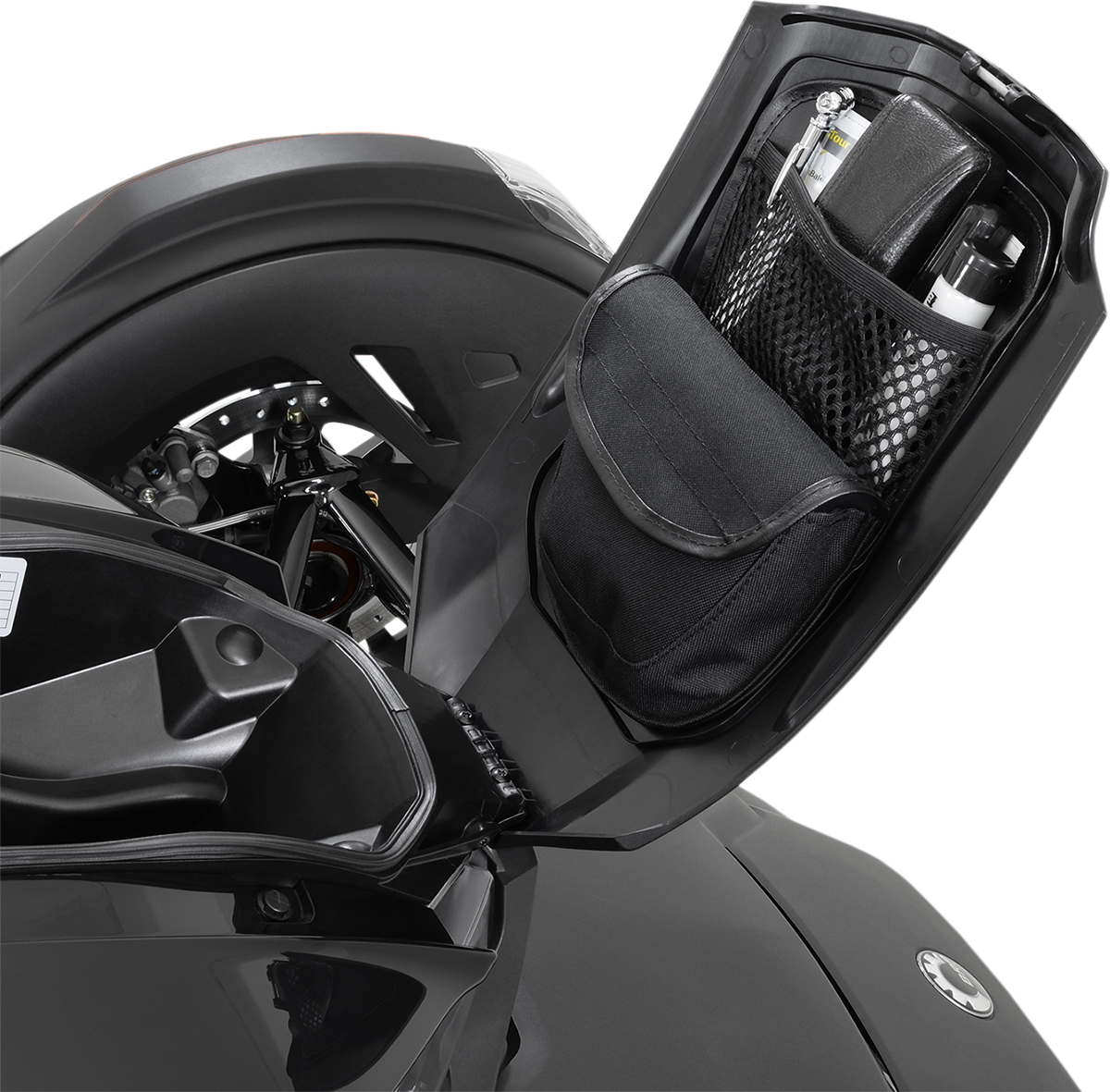 Bill's Exhausts Can-Am glove box organizer for engine storage, black plastic with compartments, fits Can-Am vehicles.