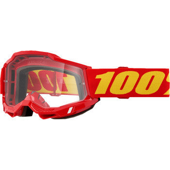 Bill's Exhausts 100% Accuri 2 goggles in red with clear lenses, designed for eye protection during motorsports or outdoor activities.