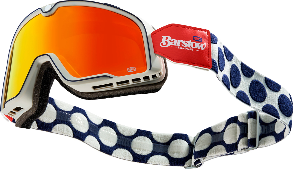 Bill's Exhausts 100% Barstow Goggles in Flash Red with tinted lenses, designed for motocross and off-road riding.