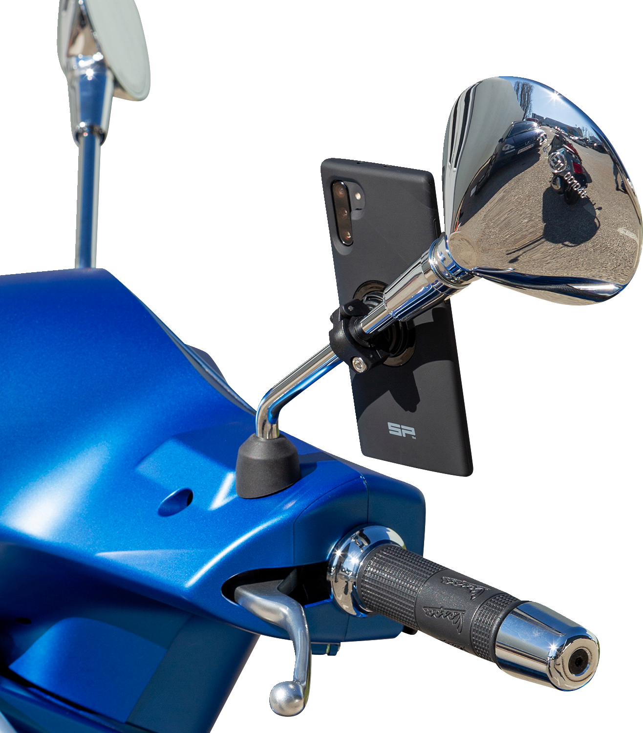 Black SP CONNECT mirror phone mount attached to a bike handlebar, showcasing its sleek design and secure phone holder.
