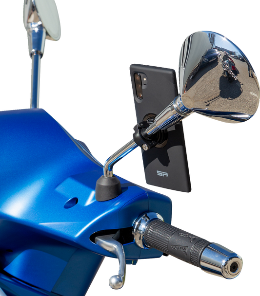 Black SP CONNECT mirror phone mount attached to a bike handlebar, showcasing its sleek design and secure phone holder.