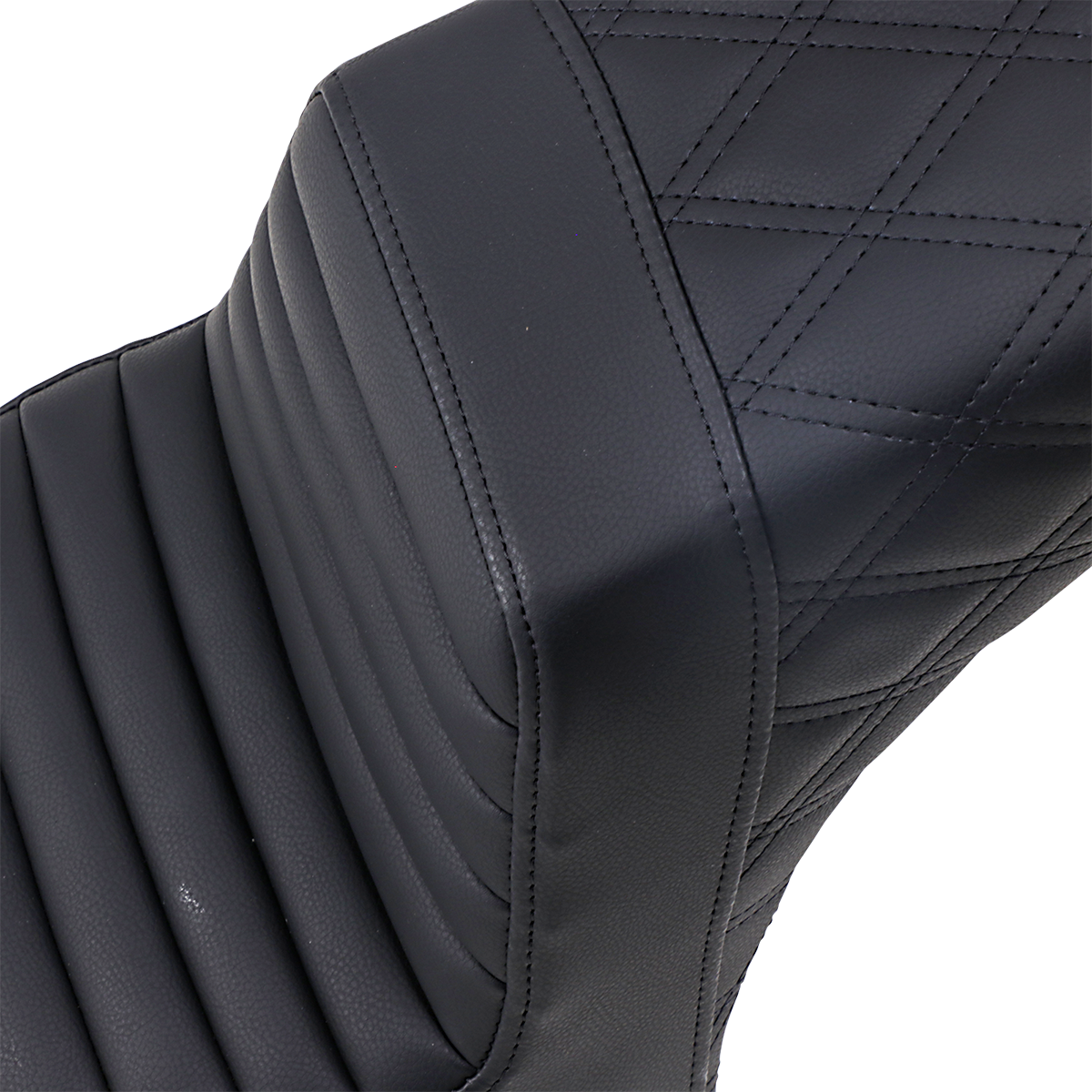 Black Saddlemens Step Up Seat by Bill's Exhausts with front tuck-n-roll and rear lattice stitch design on a motorcycle seat.