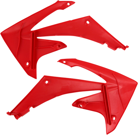 Red ACERBIS radiator shrouds designed for motorcycle body protection, featuring a sleek, durable body with brand-specific details.