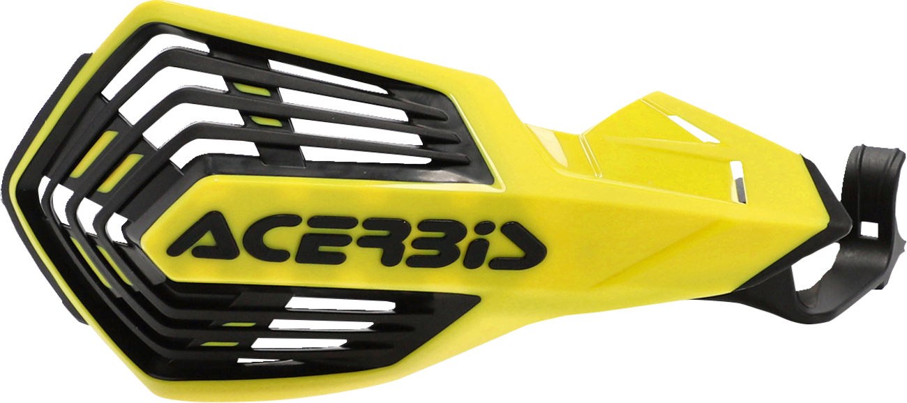 A set of yellow and black Acerbis K-Future handguards for motorcycle handlebars, with mounting hardware visible.