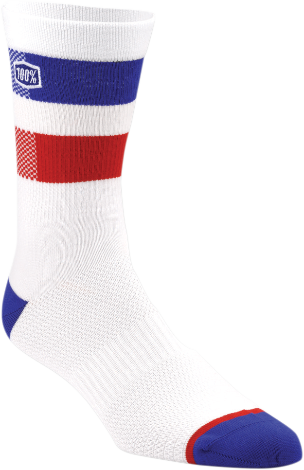 White 100% Flow Performance Socks by Bill's Exhausts in Large/XL size, showing the sock fabric and logo detail.