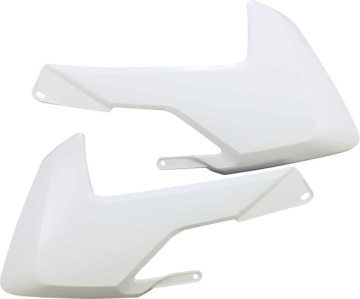 Acerbis OEM white radiator shroud for motorcycles, shown as a sleek, aerodynamic body component with mounting points.