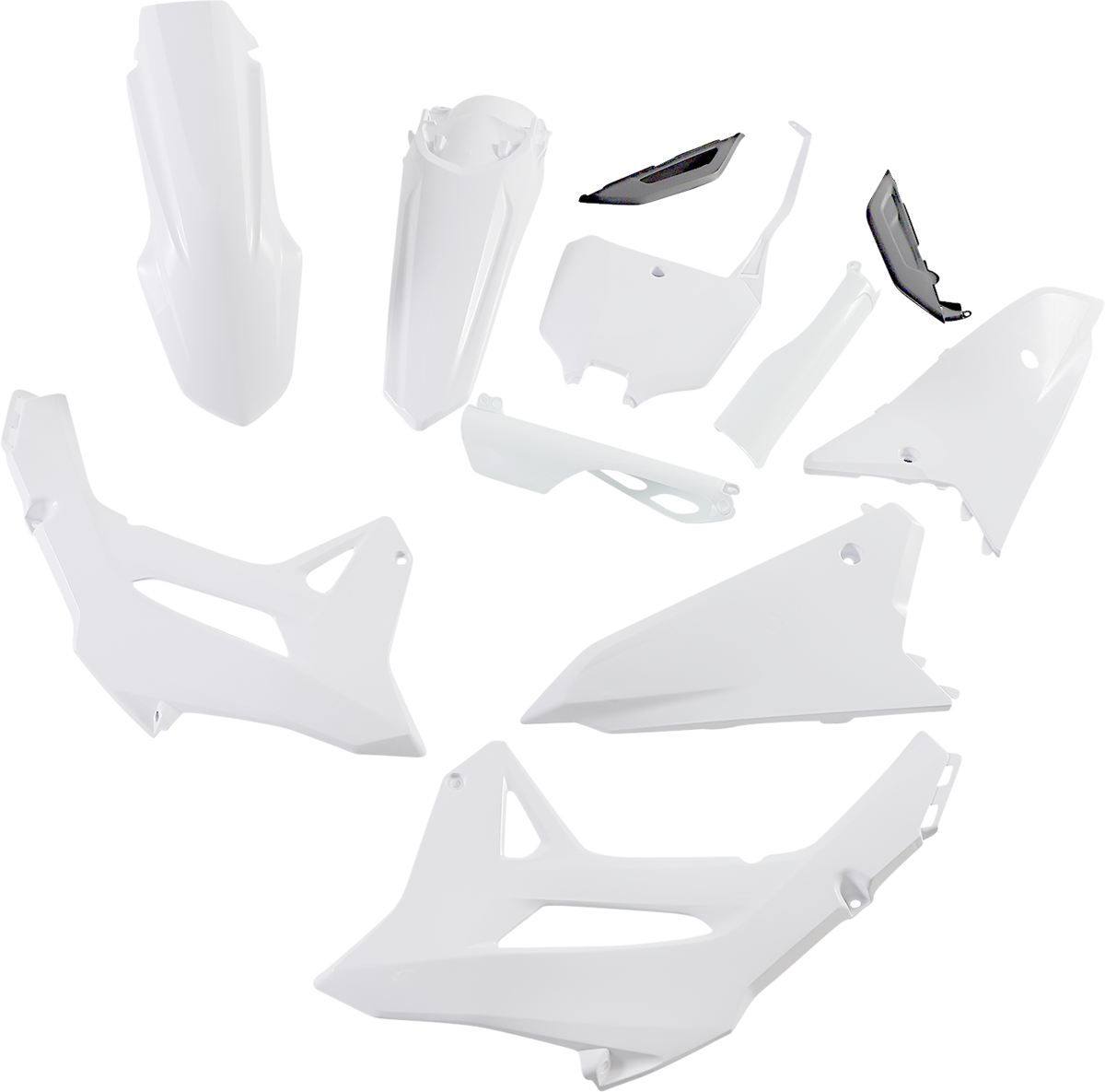 A white and black Acerbis full replacement motorcycle body kit on a CRF250R or CRF450R dirt bike.
