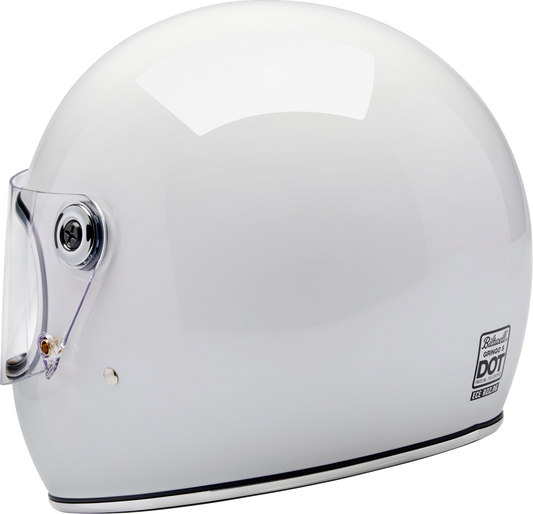 Gloss white BILTWELL Gringo S helmet in medium size, featuring a sleek aerodynamic design and classic motorcycle helmet style.