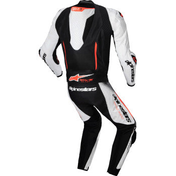 Alpinestars GP-R7 1-piece leather motorcycle suit in white, black, and red with US size 46, EU size 56, shown on a mannequin.
