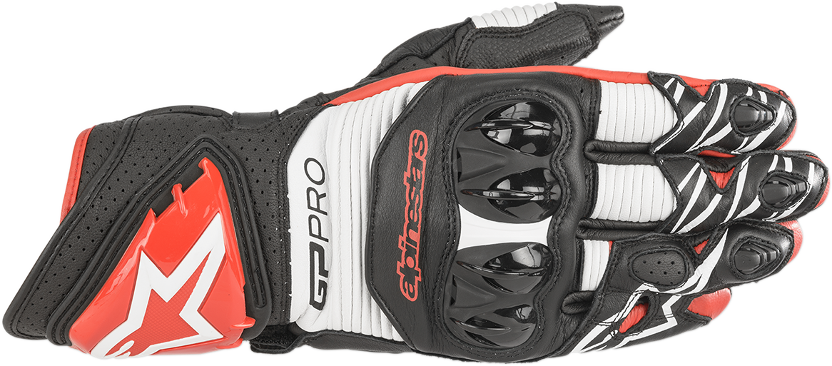 Black, white, and bright red Alpinestars GP Pro R3 motorcycle gloves in 2XL, featuring protective armor and premium textile construction.
