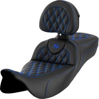 Bill's Exhausts SADDLEMEN Roadsofa™ extended reach motorcycle seat with lattice stitch, blue stitching, and backrest for FL 2008-2023