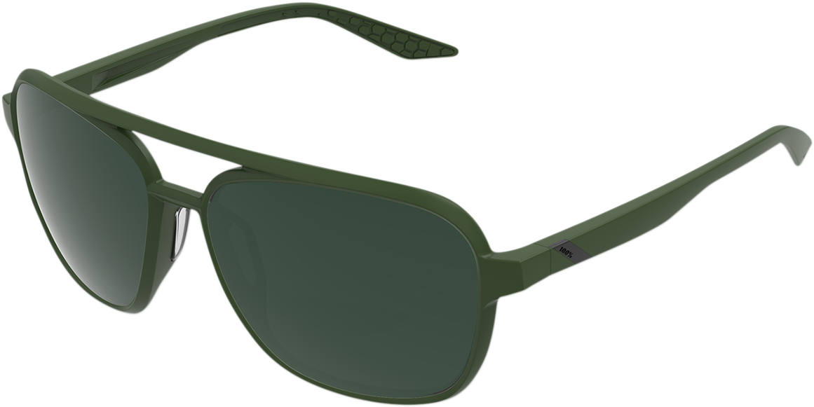 Bill's Exhausts 100% Kasia aviator sunglasses with round green lenses and gray-green frame, stylish and protective eyewear.