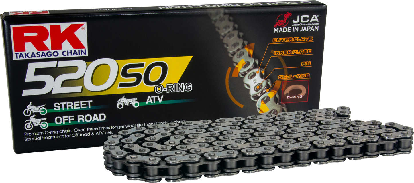 RK EXCEL 520SO-106 steel motorcycle drive chain for 400cc bikes, shown with links and sprocket connection