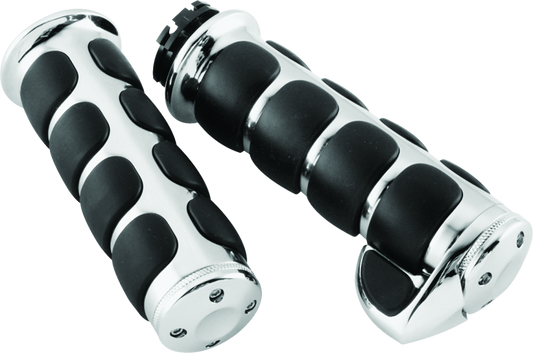 Chrome Kuryakyn ISO grips with throttle boss for dual cable Harley motorcycle handlebars, featuring ergonomic design and textured surface.